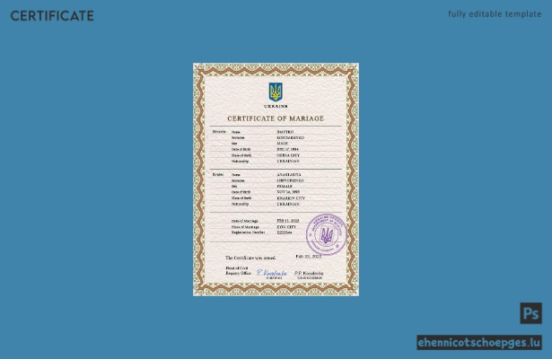 Ukrainische Heiratsurkunde (PSD), vollständig bearbeitbare Beispielvorschau